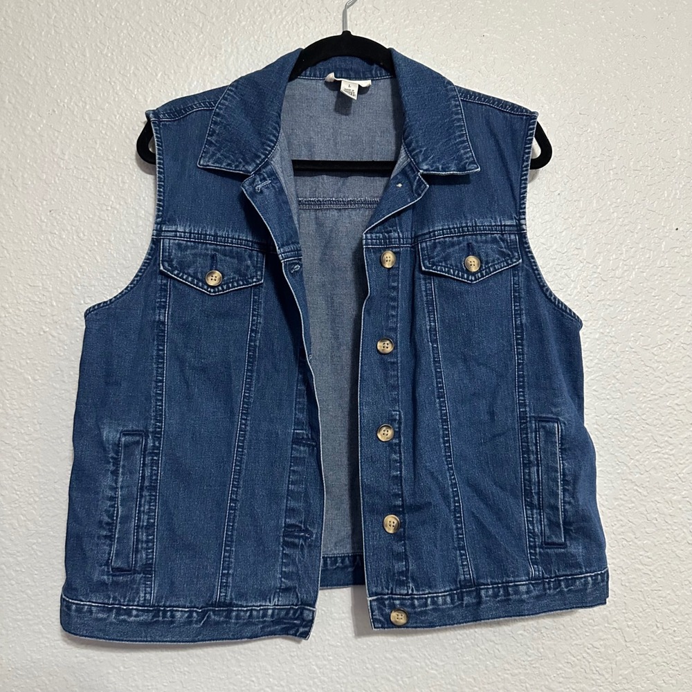 Talbots Womens Denim Vest Medium Wash 100% Cotton Button Front Blue Size Large